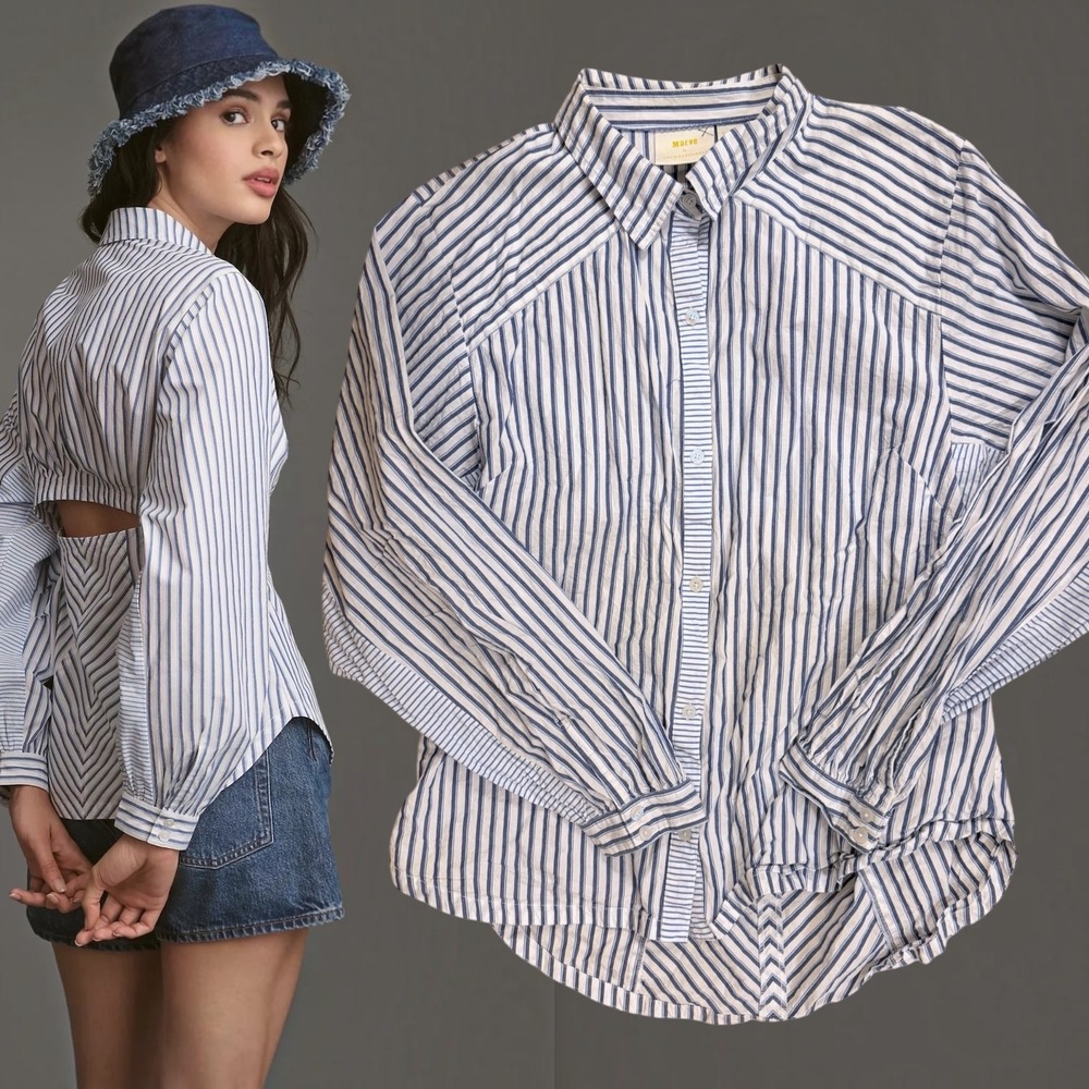 Maeve Anthropologie Button Down Shirt Open Back Striped Blue White XL
